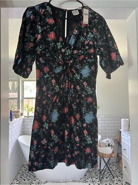 NWT Maeve Floral Twist-Front Mini Dress - Black with Red & Blue Flowers
